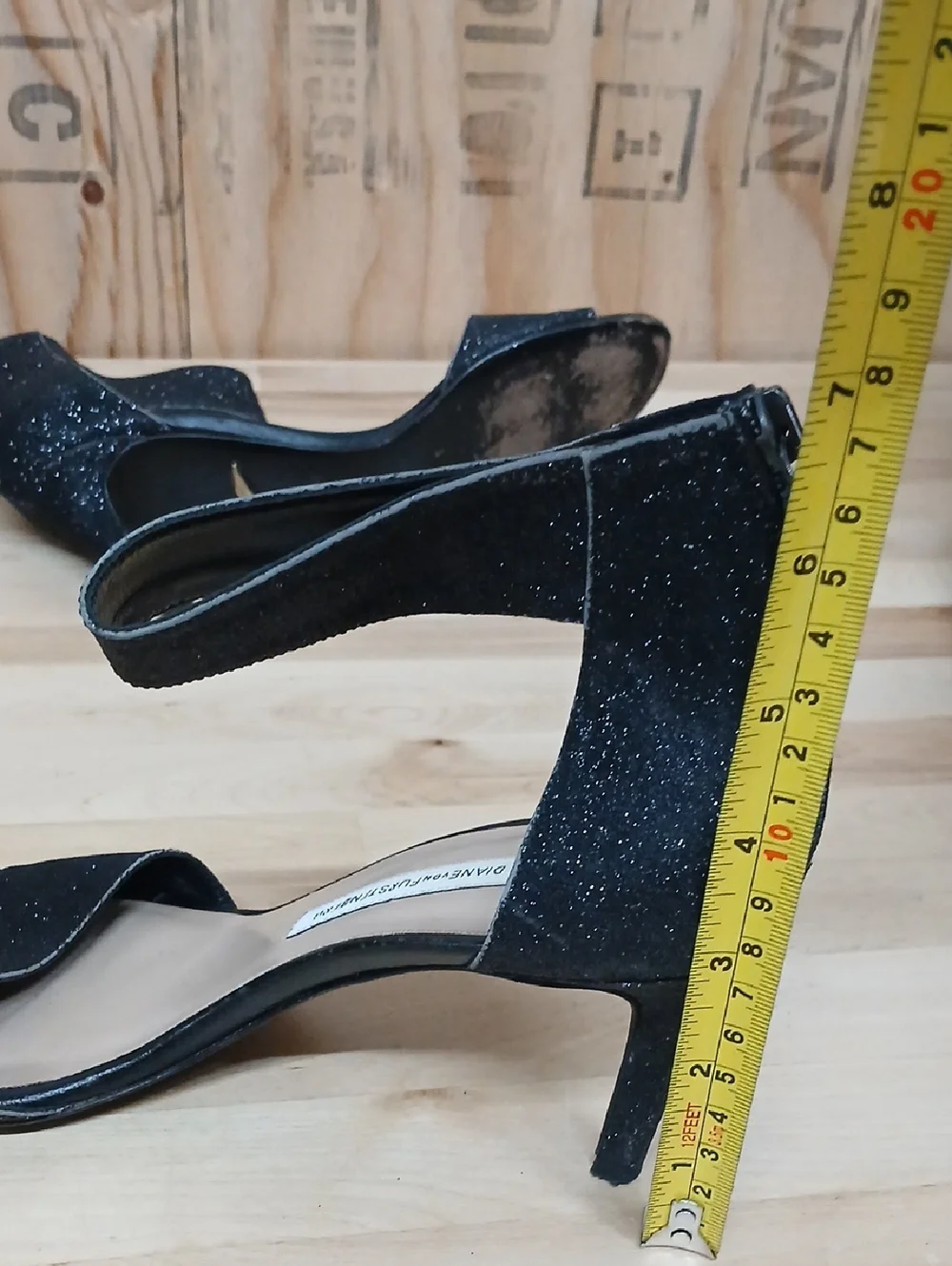 Diane Von Furstenberg Black Glitter Ankle-Strap Stiletto Heels Size 7.5 B